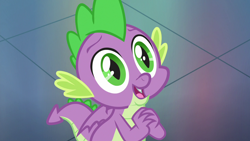 Size: 1280x720 | Tagged: safe, screencap, character:spike, species:dragon, episode:father knows beast, g4, my little pony: friendship is magic, adorable face, baby, baby dragon, begging, big eyes, claws, cute, eyebrows, fangs, folded wings, green eyes, hands together, logo, looking up, male, puppy dog eyes, smiling, solo, spikabetes, tile, twilight's castle, watermark, winged spike, wings