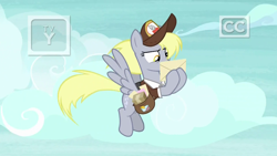 Size: 1920x1080 | Tagged: safe, screencap, character:derpy hooves, species:pegasus, species:pony, episode:school raze, g4, my little pony: friendship is magic, clothing, female, flying, hat, letter, mailbag, mailmare, mailmare hat, mare, saddle bag, solo, uniform, wall eyed