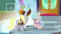 Size: 1920x1080 | Tagged: safe, screencap, character:cozy glow, character:derpy hooves, species:pegasus, species:pony, episode:school raze, g4, my little pony: friendship is magic, clothing, duo, female, filly, foal, hat, letter, mailbag, mailmare, mailmare hat, mare, saddle bag, tv rating, tv-y, uniform