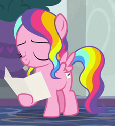 Size: 260x285 | Tagged: safe, screencap, character:rainbow harmony, species:pegasus, species:pony, episode:school raze, g4, my little pony: friendship is magic, cropped, eyes closed, female, filly, foal, hoof hold, rainbow hair, solo