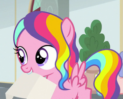 Size: 581x469 | Tagged: safe, screencap, character:rainbow harmony, species:pegasus, species:pony, episode:school raze, g4, my little pony: friendship is magic, cropped, female, filly, foal, mouth hold, rainbow hair, smiling, solo