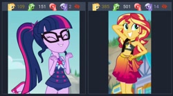 Size: 1194x663 | Tagged: safe, screencap, character:sunset shimmer, character:twilight sparkle, character:twilight sparkle (scitwi), species:eqg human, derpibooru, equestria girls:forgotten friendship, g4, my little pony:equestria girls, adorasexy, adorkable, arm behind head, beach, belly button, bikini, bikini top, clothing, cropped, cute, dork, eyes closed, feet, female, flip-flops, geode of empathy, geode of telekinesis, glasses, hand on hip, juxtaposition, meta, midriff, ponytail, pose, raised leg, sandals, sarong, sexy, shimmerbetes, shoulder bag, smiling, stomach, sunset selfie, swimsuit, twiabetes