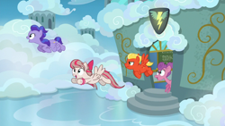 Size: 1280x720 | Tagged: safe, screencap, character:angel wings, character:short fuse, species:pegasus, species:pony, episode:top bolt, g4, my little pony: friendship is magic, background pony, classroom, cloud, female, flying, hyacinth dawn, loosey-goosey, male, mare, stallion, wonderbolts headquarters