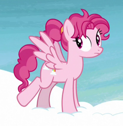 Size: 414x426 | Tagged: safe, screencap, character:bifröst, species:pegasus, species:pony, episode:school raze, g4, my little pony: friendship is magic, background pony, cloud, cropped, curly hair, cutie mark, female, friendship student, hooves, looking back, mare, on a cloud, ponytail, raised leg, solo, spread wings, standing on a cloud, wings
