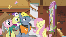 Size: 1280x720 | Tagged: safe, screencap, character:dandy grandeur, character:fluttershy, character:hard hat, character:wrangler, species:pony, episode:fluttershy leans in, g4, my little pony: friendship is magic, butterfly, stairs, vision board