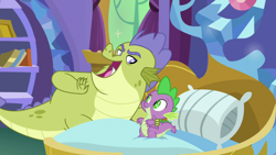 Size: 1280x720 | Tagged: safe, screencap, character:sludge, character:spike, species:dragon, episode:father knows beast, g4, my little pony: friendship is magic, bed, duo, male, pillow, winged spike