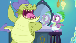 Size: 1280x720 | Tagged: safe, screencap, character:sludge, character:spike, species:dragon, episode:father knows beast, g4, my little pony: friendship is magic, bad teeth, bathroom, duo, male, mirror, open mouth, rotten teeth, smiling, stool, teeth, toothbrush, toothpaste, towel, winged spike