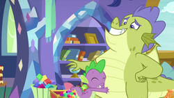 Size: 1280x720 | Tagged: safe, screencap, character:sludge, character:spike, species:dragon, episode:father knows beast, g4, my little pony: friendship is magic, bookshelf, duo, eyes closed, gem, hug, male, winged spike