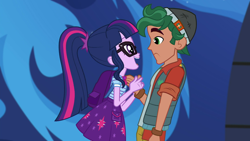 Size: 1280x720 | Tagged: safe, screencap, character:timber spruce, character:twilight sparkle, character:twilight sparkle (scitwi), species:eqg human, ship:timbertwi, episode:star crossed, g4, my little pony:equestria girls, bag, clothing, female, holding hands, male, ponytail, shipping, skirt, smiling, straight, vest