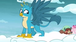 Size: 1920x1080 | Tagged: safe, screencap, character:bifröst, character:gallus, character:yona, species:griffon, species:pegasus, species:pony, species:yak, episode:school raze, g4, my little pony: friendship is magic, claws, cloud, cute, female, friendship student, gallabetes, hooves, horns, male, mare, on a cloud, smiling, spread wings, wings