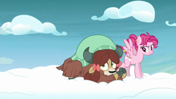 Size: 1920x1080 | Tagged: safe, screencap, character:bifröst, character:yona, species:pegasus, species:pony, species:yak, episode:school raze, g4, my little pony: friendship is magic, background pony, bow, cloud, cloven hooves, cutie mark, duo, female, friendship student, hair bow, holding hooves, holding leg, hooves, leg hold, mare, on a cloud, solo, spread wings, standing on a cloud, tail wrap, wings