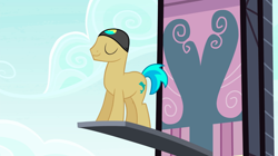 Size: 1440x809 | Tagged: safe, screencap, species:earth pony, species:pony, episode:leap of faith, g4, my little pony: friendship is magic, background pony, clothing, eyes closed, hat, male, solo, springboard, stallion, swimming cap, unnamed pony