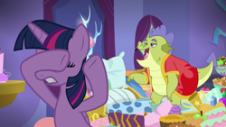 Size: 1280x720 | Tagged: safe, screencap, character:sludge, character:twilight sparkle, character:twilight sparkle (alicorn), species:alicorn, species:pony, episode:father knows beast, g4, my little pony: friendship is magic, apple, bed, cake, food, out of context, pillow, we don't normally wear clothes