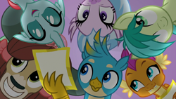 Size: 1280x720 | Tagged: safe, screencap, character:gallus, character:ocellus, character:sandbar, character:silverstream, character:smolder, character:yona, species:changedling, episode:friendship university, g4, my little pony: friendship is magic, female, male, school of friendship, smiling, student six, teenager