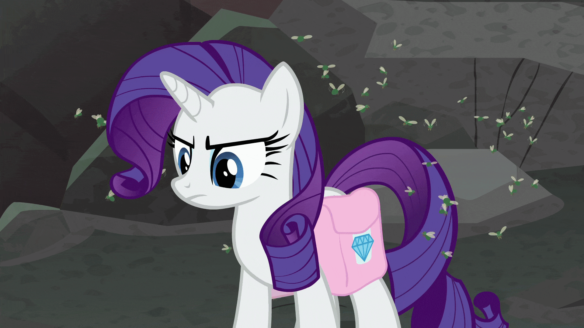 Size: 1920x1080 | Tagged: safe, screencap, character:rarity, species:pony, species:unicorn, episode:school raze, g4, my little pony: friendship is magic, angry, animated, female, flies, fly-der, gif, insect, mare, raised hoof, saddle bag, solo