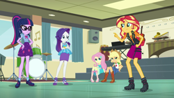Size: 1920x1080 | Tagged: safe, screencap, character:applejack, character:fluttershy, character:rarity, character:sunset shimmer, character:twilight sparkle, character:twilight sparkle (scitwi), species:eqg human, episode:overpowered, g4, my little pony:equestria girls, applejack's hat, boots, clothing, cowboy hat, denim skirt, dress, feet, female, freckles, geode of empathy, geode of fauna, geode of shielding, geode of super strength, geode of telekinesis, glasses, hat, high heel boots, high heels, jacket, leather, leather jacket, legs, music room, pointing, ponytail, sandals, shoes, skirt, socks, stetson