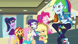 Size: 1920x1080 | Tagged: safe, screencap, character:applejack, character:fluttershy, character:pinkie pie, character:rainbow dash, character:rarity, character:sunset shimmer, character:twilight sparkle, character:twilight sparkle (scitwi), species:eqg human, episode:overpowered, g4, my little pony:equestria girls, belt, clothing, converse, cowboy hat, crossed legs, denim skirt, dress, faec, female, freckles, geode of empathy, geode of fauna, geode of shielding, geode of super speed, geode of super strength, geode of telekinesis, glasses, hat, humane five, humane seven, humane six, jacket, leather, leather jacket, magical geodes, ponytail, shoes, skirt, stetson