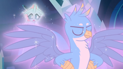 Size: 1280x720 | Tagged: safe, screencap, character:gallus, character:ocellus, species:changedling, species:changeling, species:griffon, species:reformed changeling, episode:school raze, g4, my little pony: friendship is magic, chest fluff, element of generosity, element of magic, eyes closed, glow, majestic, male, smiling, spread wings, wings