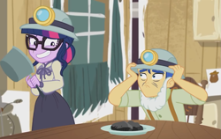 Size: 1139x720 | Tagged: safe, screencap, character:flash sentry, character:twilight sparkle, character:twilight sparkle (scitwi), species:eqg human, episode:opening night, g4, my little pony:equestria girls, awkward smile, clothing, costume, female, glasses, male, pot, shocked