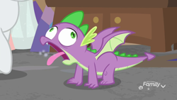 Size: 1920x1080 | Tagged: safe, screencap, character:rarity, character:spike, species:dragon, episode:school raze, g4, my little pony: friendship is magic, all fours, behaving like a cat, choking, derp, faec, great moments in animation, majestic as fuck, male, open mouth, quadrupedal spike, smoke, solo focus, tongue out, winged spike