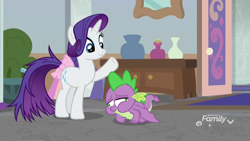 Size: 1920x1080 | Tagged: safe, screencap, character:rarity, character:spike, species:dragon, species:pony, species:unicorn, episode:school raze, g4, my little pony: friendship is magic, bow, choking, duo, female, male, mare, messy tail, puffy cheeks, raised hoof, tail bow, winged spike