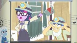 Size: 1280x720 | Tagged: safe, screencap, character:flash sentry, character:trixie, character:twilight sparkle, character:twilight sparkle (scitwi), species:eqg human, episode:happily ever after party, g4, my little pony:equestria girls, clothing, female, glasses, helmet, male, mining helmet, shocked