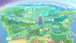 Size: 1437x808 | Tagged: safe, screencap, episode:twilight's kingdom, g4, my little pony: friendship is magic, canterlot, cloudsdale, equestria, everfree forest, farm, horseshoe bay, map of equestria, mountain, mountain range, no pony, ponyville, railroad, river, ship