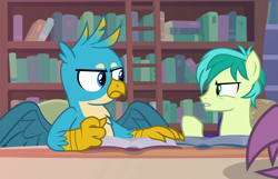Size: 1118x720 | Tagged: safe, screencap, character:gallus, character:sandbar, character:silverstream, species:earth pony, species:griffon, species:pony, episode:what lies beneath, g4, my little pony: friendship is magic, book, bookshelf, chest fluff, claws, ladder, library, male, upset, wings