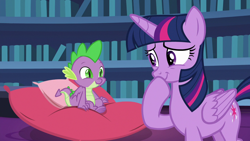 Size: 1280x720 | Tagged: safe, screencap, character:spike, character:twilight sparkle, character:twilight sparkle (alicorn), species:alicorn, species:dragon, species:pony, episode:father knows beast, g4, my little pony: friendship is magic, amused, baby, baby dragon, bookshelf, cute, cutie mark, fangs, feet, female, folded wings, green eyes, hoof over mouth, male, mare, pillow, purple eyes, spikabetes, toes, twiabetes, underfoot, winged spike, wings