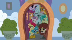 Size: 1280x720 | Tagged: safe, screencap, character:apple bloom, character:gallus, character:ocellus, character:sandbar, character:scootaloo, character:silverstream, character:smolder, character:sweetie belle, character:yona, species:changedling, species:classical hippogriff, species:dragon, species:griffon, species:hippogriff, species:pegasus, species:pony, species:unicorn, species:yak, episode:school raze, g4, my little pony: friendship is magic, bow, cloven hooves, cutie mark crusaders, door, dragoness, female, filly, hair bow, male, monkey swings, student six, teenager