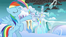 Size: 1280x720 | Tagged: safe, screencap, character:rainbow dash, species:pegasus, species:pony, episode:school raze, g4, my little pony: friendship is magic, cloudsdale, eyes closed, female, mare, smiling, solo, spread wings, wings