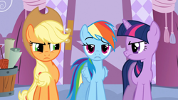 Size: 1920x1080 | Tagged: safe, screencap, character:applejack, character:rainbow dash, character:twilight sparkle, episode:suited for success, g4, my little pony: friendship is magic, lidded eyes, nose wrinkle
