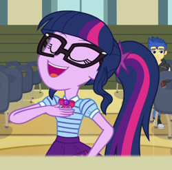 Size: 454x449 | Tagged: safe, screencap, character:flash sentry, character:twilight sparkle, character:twilight sparkle (scitwi), species:eqg human, episode:all the world's off stage, g4, my little pony:equestria girls, cropped, female, geode of telekinesis, glasses, male, ponytail