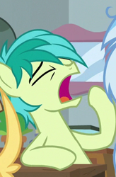 Size: 247x376 | Tagged: safe, screencap, character:sandbar, species:earth pony, species:pony, episode:school raze, g4, my little pony: friendship is magic, bored, cropped, eyes closed, male, teenager, tired, yawn