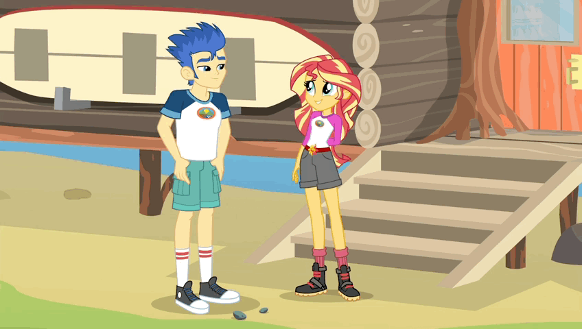 Size: 848x480 | Tagged: safe, screencap, character:flash sentry, character:sunset shimmer, equestria girls:legend of everfree, g4, my little pony:equestria girls, animated, camp everfree outfits, clothing, converse, cute, female, hands in pockets, male, rock, shipping fuel, shoes, shorts, sneakers, socks