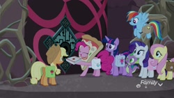 Size: 1920x1080 | Tagged: safe, screencap, character:applejack, character:fluttershy, character:pinkie pie, character:rainbow dash, character:rarity, character:spike, character:twilight sparkle, character:twilight sparkle (alicorn), species:alicorn, species:dragon, species:earth pony, species:pegasus, species:pony, species:unicorn, episode:school raze, g4, my little pony: friendship is magic, female, gates of tartarus, male, mane seven, mane six, mare, pinkie being pinkie, pizza delivery, pizza head, pizza pie, saddle bag, tartarus, winged spike