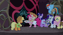 Size: 1920x1080 | Tagged: safe, screencap, character:applejack, character:fluttershy, character:pinkie pie, character:rainbow dash, character:rarity, character:spike, character:twilight sparkle, character:twilight sparkle (alicorn), species:alicorn, species:dragon, species:earth pony, species:pegasus, species:pony, species:unicorn, episode:school raze, g4, my little pony: friendship is magic, door, food, gates of tartarus, mane seven, mane six, pizza, pizza costume, pizza delivery, tartarus, winged spike