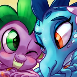 Size: 1800x1800 | Tagged: safe, artist:whitediamonds, character:princess ember, character:spike, species:dragon, ship:emberspike, blushing, commission, cute, dragoness, female, looking at each other, male, married, married couple, one eye closed, ring, shipping, spikabetes, straight, wedding ring, wink