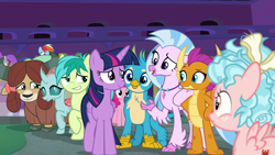 Size: 1280x720 | Tagged: safe, screencap, character:cozy glow, character:gallus, character:ocellus, character:pinkie pie, character:rainbow dash, character:sandbar, character:silverstream, character:smolder, character:twilight sparkle, character:twilight sparkle (alicorn), character:yona, species:alicorn, species:changedling, species:changeling, species:classical hippogriff, species:dragon, species:earth pony, species:griffon, species:hippogriff, species:pegasus, species:pony, species:reformed changeling, species:yak, episode:school raze, g4, my little pony: friendship is magic, bow, claws, cute, cutie mark, dragoness, female, filly, gallabetes, hair bow, jewelry, male, mare, monkey swings, necklace, raised eyebrow, smiling, smirk, student six, teenager, wings