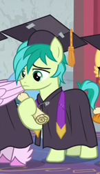 Size: 280x483 | Tagged: safe, screencap, character:sandbar, character:silverstream, character:smolder, species:earth pony, species:pony, episode:school raze, g4, my little pony: friendship is magic, clothing, cropped, diploma, graduation cap, hat, male, offscreen character, sad, solo focus, teenager