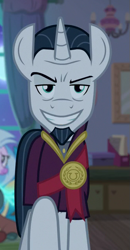 Size: 331x635 | Tagged: safe, screencap, character:chancellor neighsay, character:gallus, character:silverstream, species:pony, species:unicorn, episode:school raze, g4, my little pony: friendship is magic, cropped, evil grin, faec, grin, male, rapeface, smiling, solo focus