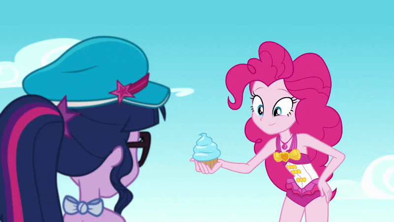 Size: 800x450 | Tagged: safe, screencap, character:pinkie pie, character:twilight sparkle, character:twilight sparkle (scitwi), species:eqg human, equestria girls:forgotten friendship, g4, my little pony:equestria girls, animated, clothing, cupcake, duo, duo female, female, food, frosting, geode of sugar bombs, hat, pinkie being pinkie, swimsuit