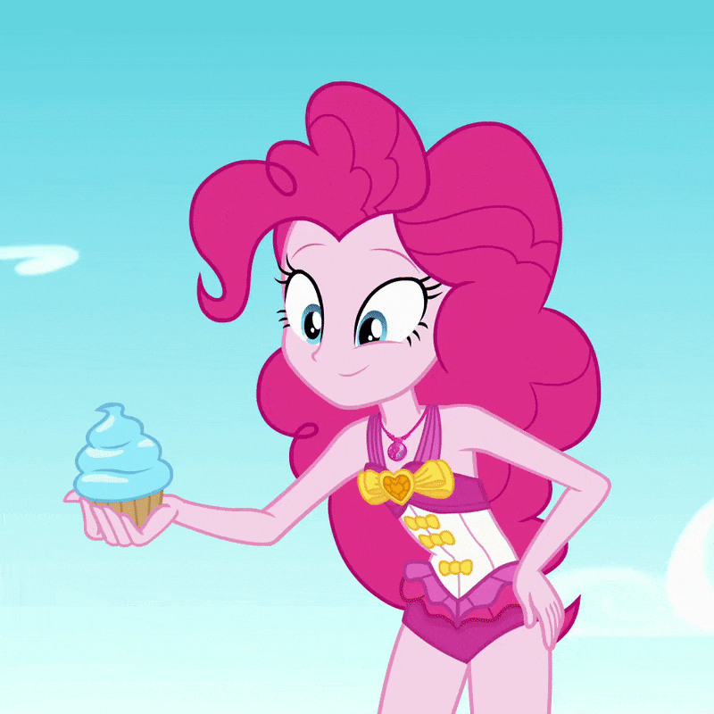 Size: 800x800 | Tagged: safe, screencap, character:pinkie pie, equestria girls:forgotten friendship, g4, my little pony:equestria girls, animated, clothing, cropped, cupcake, food, frosting, geode of sugar bombs, hat, pinkie being pinkie, swimsuit