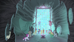 Size: 1440x810 | Tagged: safe, screencap, species:earth pony, species:pegasus, species:pony, episode:the cutie map, g4, my little pony: friendship is magic, background pony, cave, cutie mark, cutie mark vault, female, flying, male, mare, staff, staff of sameness, stallion, unnamed pony