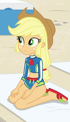 Size: 451x785 | Tagged: safe, screencap, character:applejack, equestria girls:forgotten friendship, g4, my little pony:equestria girls, applebucking thighs, clothing, cropped, female, geode of super strength, solo, swimsuit