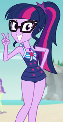 Size: 471x906 | Tagged: safe, screencap, character:twilight sparkle, character:twilight sparkle (scitwi), species:eqg human, equestria girls:forgotten friendship, g4, my little pony:equestria girls, adorasexy, beach, clothing, cropped, cute, female, geode of telekinesis, glasses, hand on hip, ocean, peace sign, rock horse, sand, sexy, sexy egghead, smiling, solo, solo focus, swimsuit, thighs