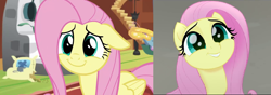 Size: 2017x713 | Tagged: safe, screencap, character:fluttershy, species:pegasus, species:pony, episode:fluttershy leans in, g4, my little pony: friendship is magic, my little pony: the movie (2017), cropped, cute, cuteness overload, female, mare, shyabetes