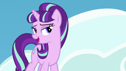 Size: 640x360 | Tagged: safe, screencap, character:starlight glimmer, species:pony, species:unicorn, episode:the cutie re-mark, antagonist, cloud, cutie mark, female, horn, lidded eyes, mare, on a cloud, open mouth, s5 starlight, sky, solo, standing on a cloud, villian