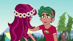 Size: 1280x720 | Tagged: safe, screencap, character:gloriosa daisy, character:timber spruce, equestria girls:legend of everfree, g4, my little pony:equestria girls, brother and sister, camp everfree outfits, female, forest, male, smiling