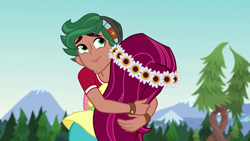 Size: 1280x720 | Tagged: safe, screencap, character:gloriosa daisy, character:timber spruce, equestria girls:legend of everfree, g4, my little pony:equestria girls, brother and sister, camp everfree outfits, female, forest, hug, male, smiling